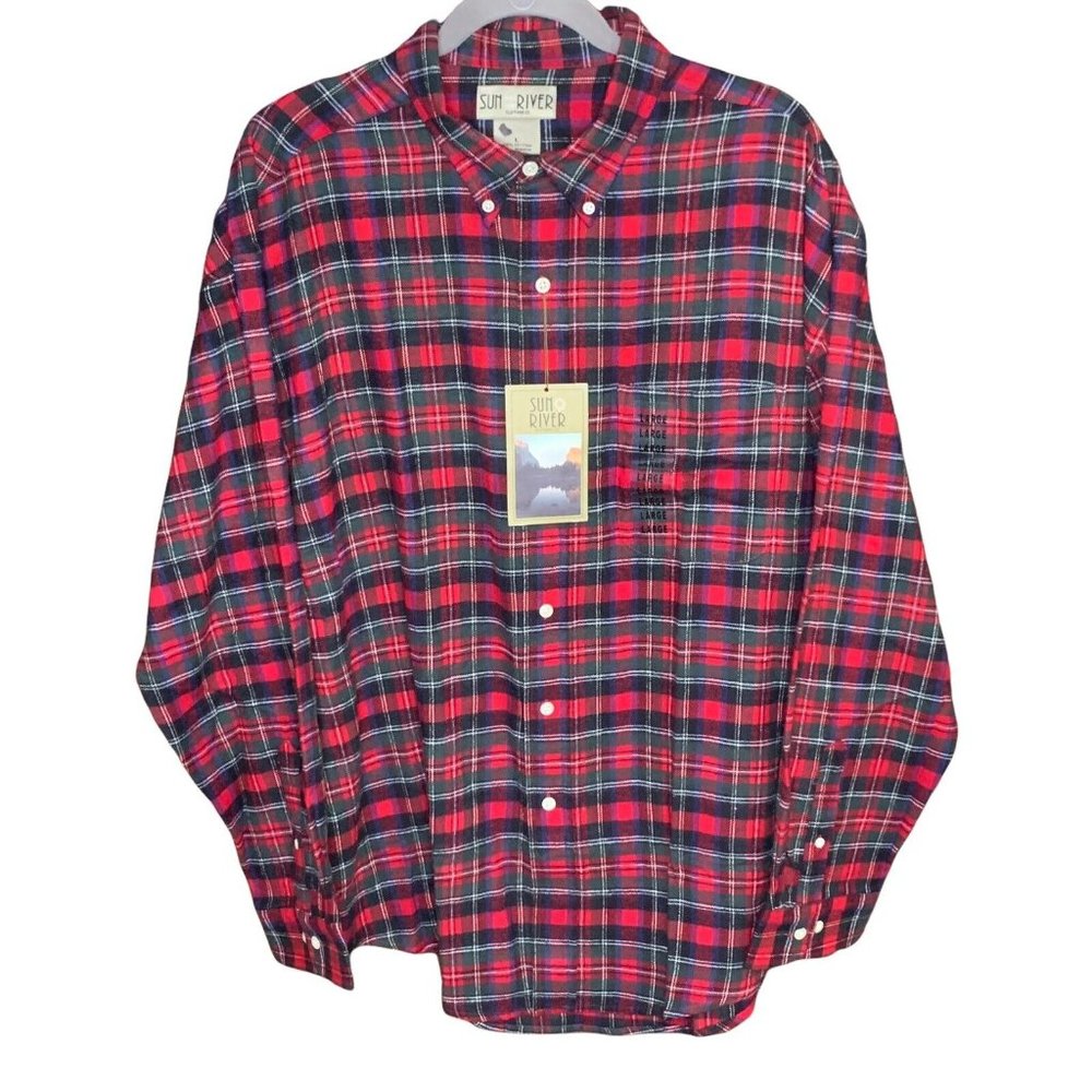 New w Tag SUN RIVER MENS CLASSIC Plaid RED/BLK Flannel Shirt Sz L Long Sleeve